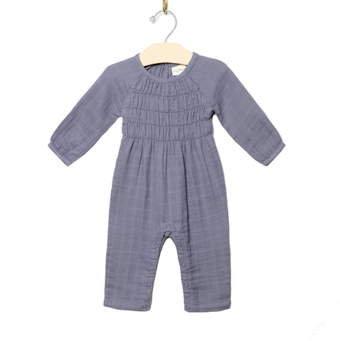 Smocked Long Romper- Blue Granite