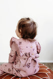 Crinkle Cotton Long Flutter Romper - Mauve Floral
