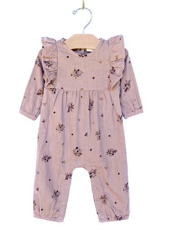 Crinkle Cotton Long Flutter Romper - Mauve Floral