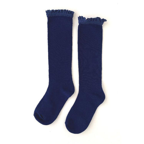 Lace Top Knee High Socks - Navy