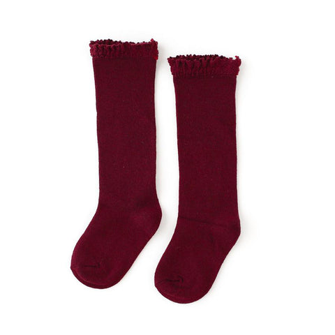 Lace Top Knee High Socks - Wine