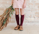 Lace Top Knee High Socks - Wine